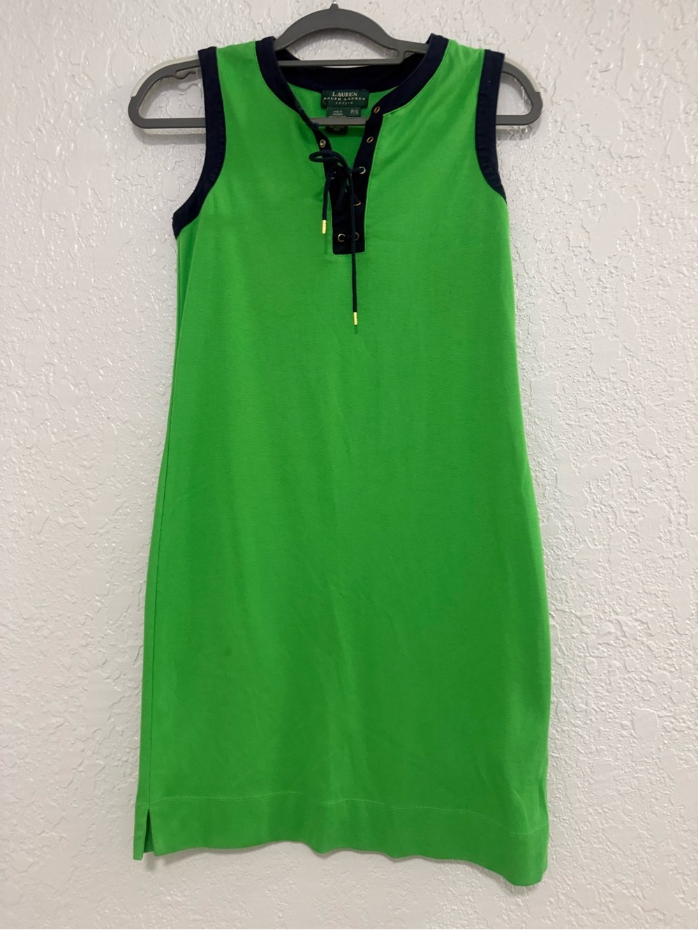 Ralph Lauren Green Sleeveless Lace-Up Shift with Navy Trim
